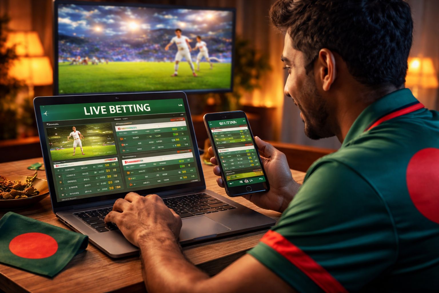 Focused Bangladeshi punter tracking cricket betting markets on laptop while listening to match commentary at home using 6L777