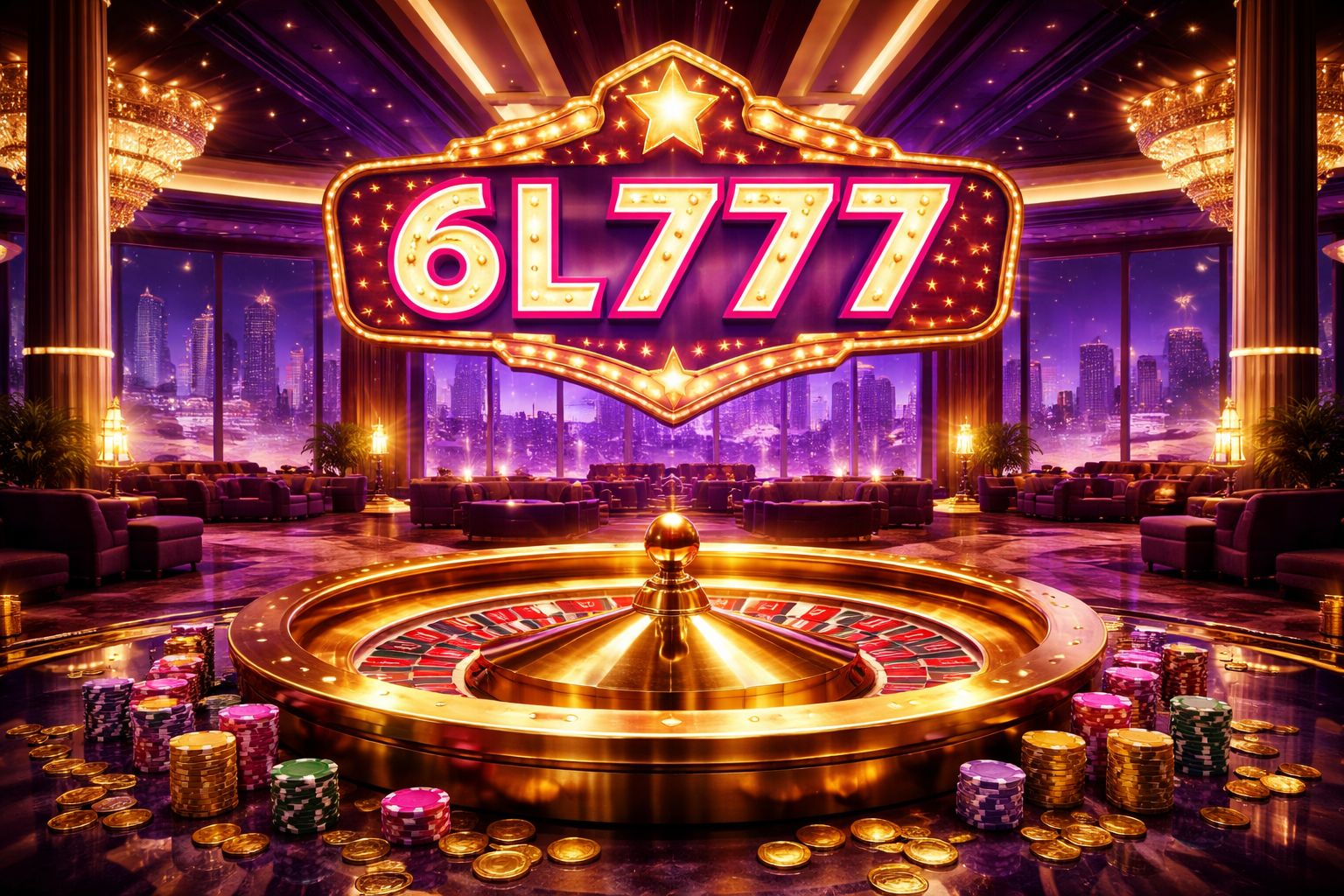 Glowing 6L777 neon signboard above a virtual roulette wheel with cascading tokens signalling premium casino play in Bangladesh
