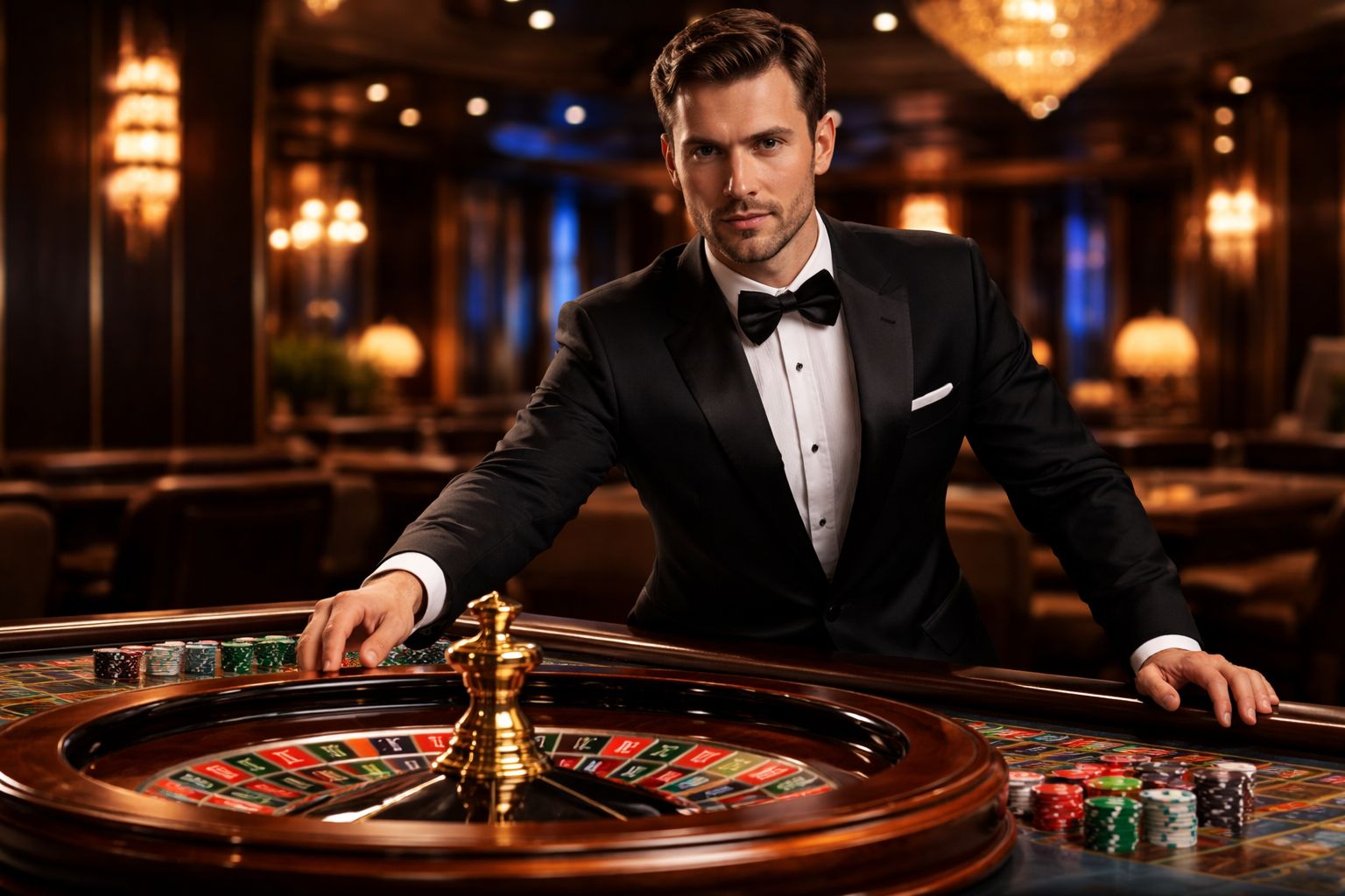 Elegant croupier in professional attire confidently managing a roulette wheel surrounded by upscale decor at 6L777 Bangladesh