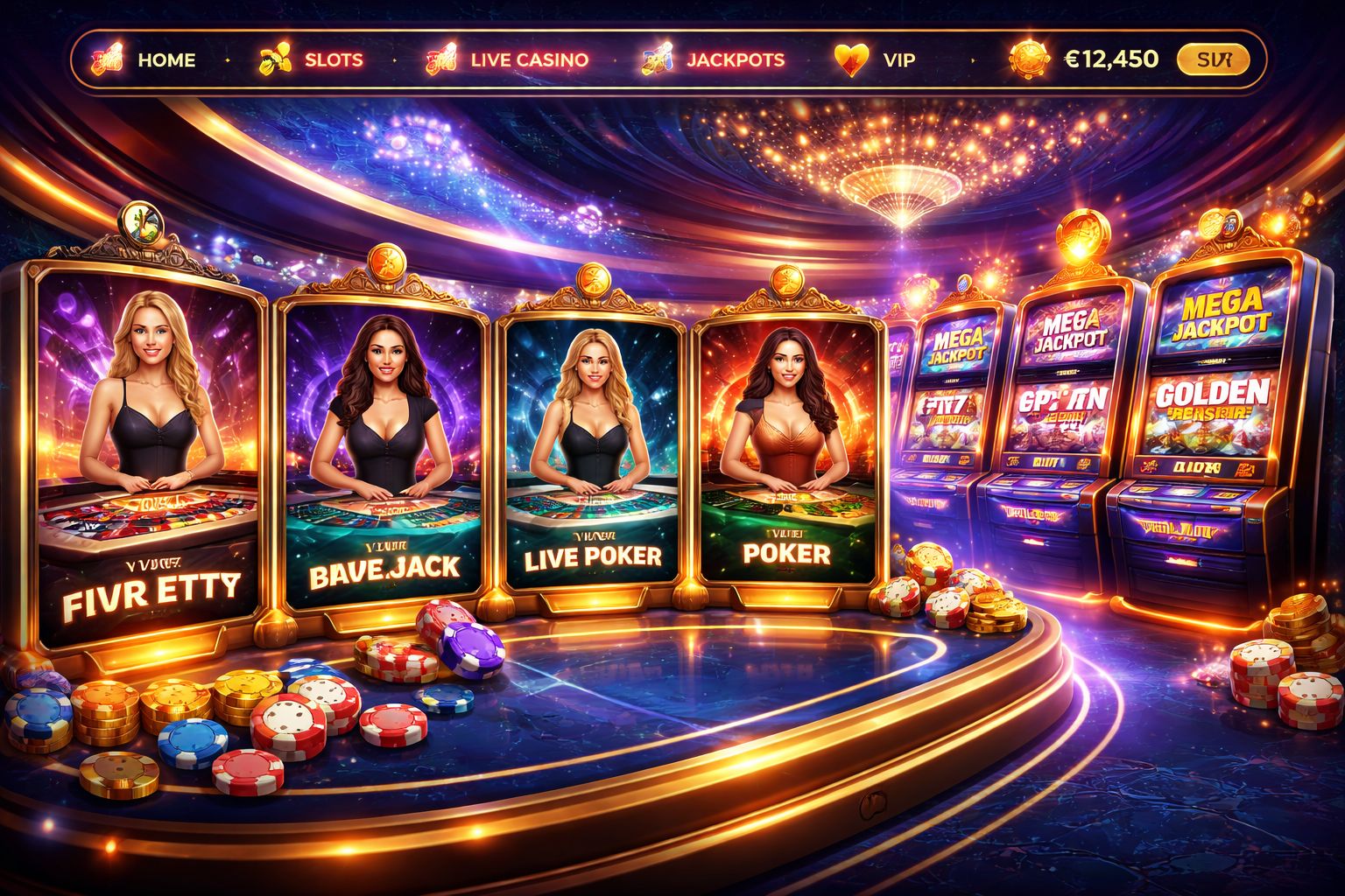 Confident casino host standing beside a glowing roulette wheel surrounded by floating chips representing the premium live gaming universe of 6L777 in Bangladesh