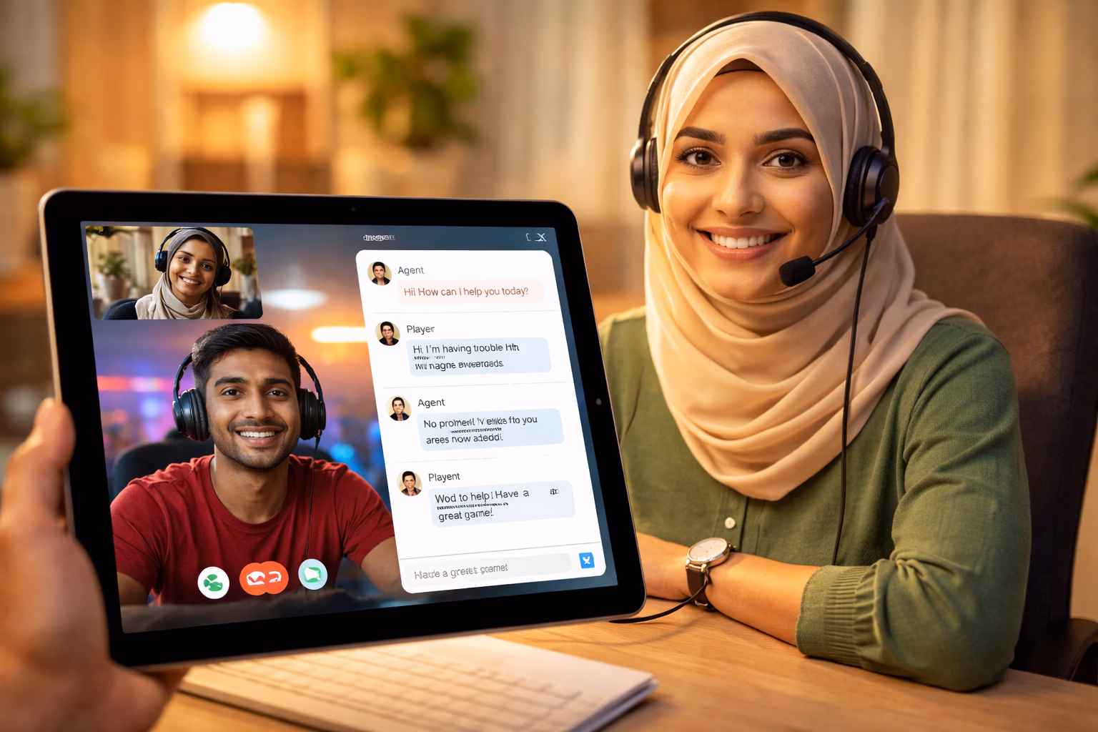 Elegant Bangladeshi gaming host greeting members at the 6L777 sign-in portal with luminous lamps and floating coin icons