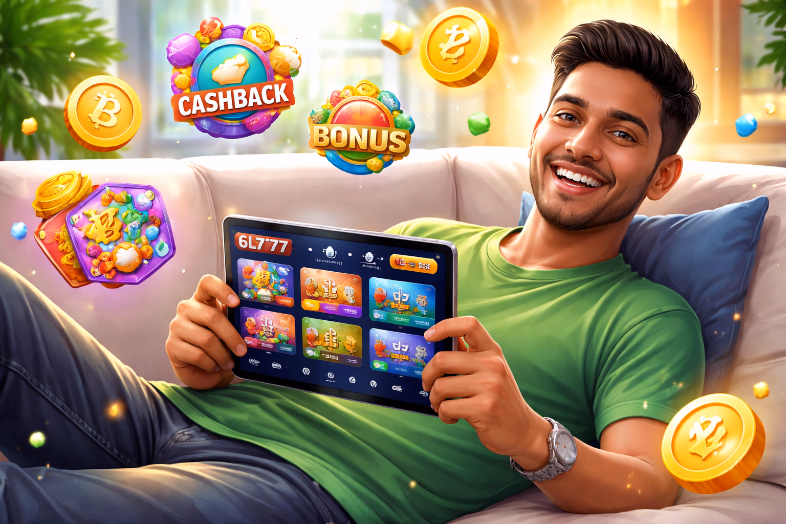 Sharp-dressed Bangladeshi gaming attendant greeting members at the 6L777 sign-in portal with vibrant lamps and floating chip icons